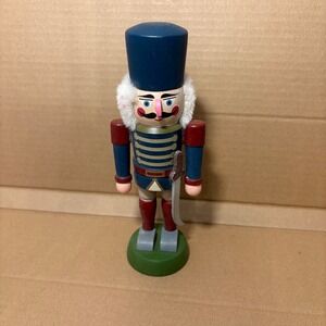 Vintage Wooden Nutcracker Soldier Blue Hat Red Uniform Sword Made in Taiwan 7"